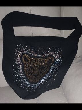 Black Shoulder Bag with Embellished Leopard Motif